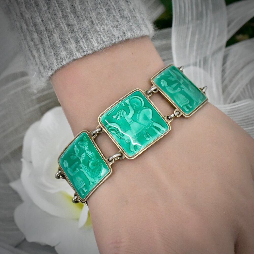 David Andersen Norway Sterling Green Enamel Fairytale Panel Bracelet 46.8g